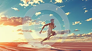 A 3D illustration of a student in motion determination in every stride excelling in track and field under a clear sky
