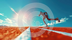 A 3D illustration of a student in motion determination in every stride excelling in track and field under a clear sky