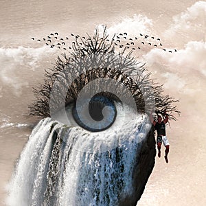 3D Illustration of surrealism showing a man holding on a branch attached to an eye