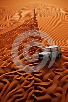 3d illustration of SUV in desert with sand dunes background