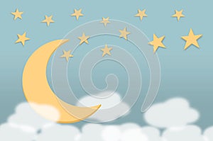 3d illustration. Sweet softness lullaby color moon, twinkle star and clouds background for bedtime or any design