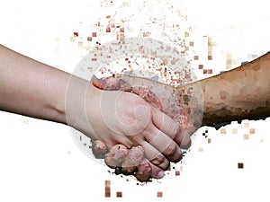 3d illustration synthesizing the effect of an explosion on a handshake gesture