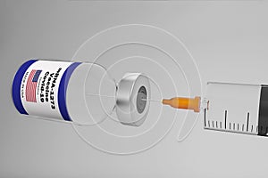 3D Illustration with a syringe and a container bottle with american vaccine mRNA-1273  in the treatment of coronavirus disease 201