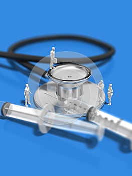 3D illustration of syringe and stethoscope