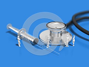 3D illustration of syringe and stethoscope