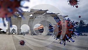 3D illustration. Taipei paifang memorial hall and coronaviruses pandemic. Covid