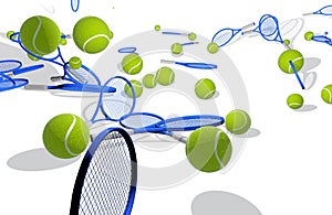 3D illustration of tennis balls and rackets.