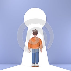 3D illustration of thinking male guy Qadir standing in front of keyhole. Solution to problem business concept.