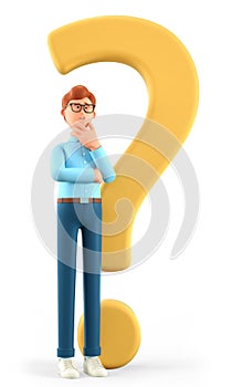 3D illustration of thinking man standing with a huge question mark. Cartoon pensive businessman solving problems