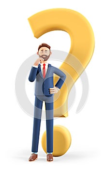 3D illustration of thinking man standing with a huge question mark. Cute cartoon pensive businessman solving problems