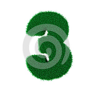 3D illustration. Three-dimensional letters and numbers made of green grass, isolated on a white background