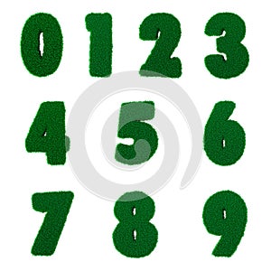 3D illustration. Three-dimensional letters and numbers made of green grass, isolated on a white background