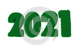 3D illustration. Three-dimensional letters and numbers made of green grass, isolated on a white background, are intended for creat