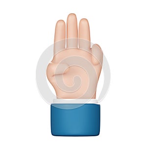 3d illustration. Three fingers counting icon. Cartoon character hand