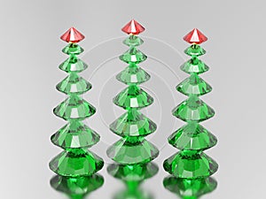 3D illustration three green diamond christmas trees with a red s