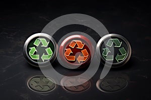3d illustration of three metal recycling buttons over black background with reflection, A recycling sign with a green button that