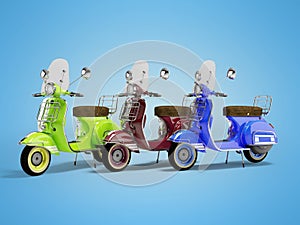 3d illustration of three scooters for riding on blue background with shadow