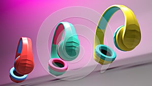 3D Illustration of Three Wireless Plastic Headphones