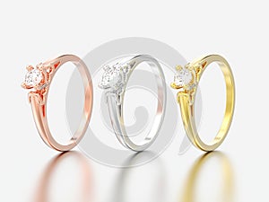 3D illustration three yellow rose and white gold or silver solitaire wedding diamond rings with heart prongs