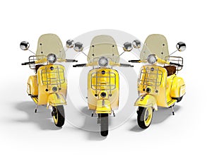 3d illustration of three yellow scooters riding in the city on white background with shadow
