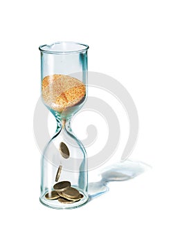 3d illustration. Time is money. Glass hourglass. The sand from the upper bulb flows into the lower one, turning from a coin of