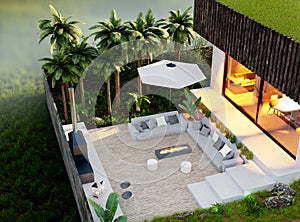 3D illustration top view of wooden terrace with sofa set and fire place