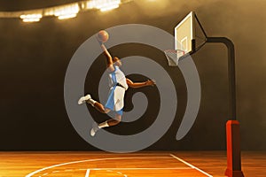 3d illustration tournament professional basketball player slam dunk on sport arena