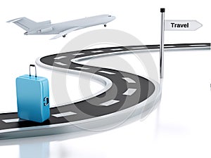 3d illustration of travel road sign, suitcase and road