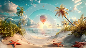 3D Illustration of tropical beach with starfish and air balloon, travel concept design AI generated
