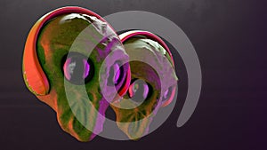 3D illustration of two aliens heads in headphones in the air on a dark background