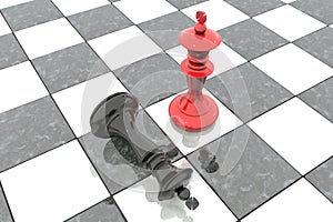 3d illustration: Two chess figures on the playing field. Red king is a winner and a loser black lies prostrate at his feet. Fallen