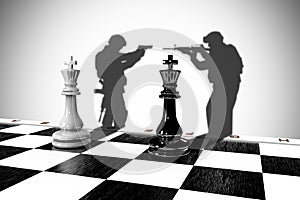 3D illustration of two chess pieces with a shadow of a soldier