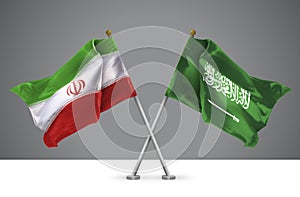 3D illustration of Two Crossed Flags of Iran and KSA