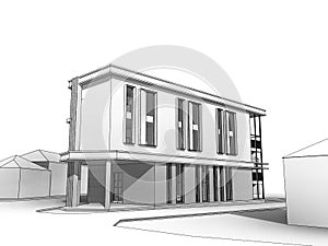 3D illustration of a two floor office building perspective from right corner.