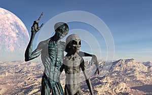 3d Illustration of two friendly extraterrestrials on an alien planet posing for a picture