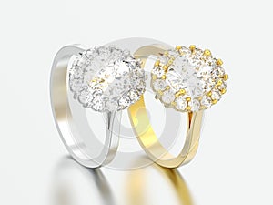 3D illustration two gold and silver oval halo diamond engagement