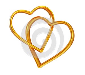 3d illustration. Two intertwined gold rings in the shape of hearts. Design concept for wedding, valentine\'s day