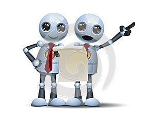 3d illustration of two little robot business man discuss while holding paper