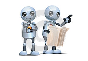 3d illustration of two little robot hold pamflet pointing in one direction communication
