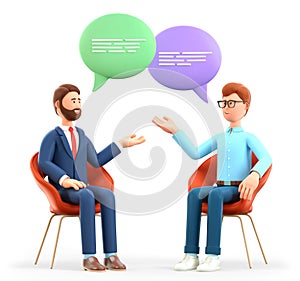 3D illustration of two men meeting and talking with speech bubbles. Businessmen characters sitting in chairs and discussing.
