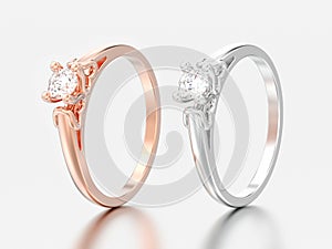 3D illustration two rose and white gold or silver solitaire wedding diamond rings with heart prongs
