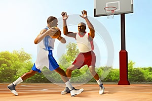 3d illustration two team of professional basketball player run dribbling on the street, city park at blue sky