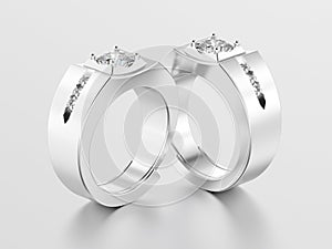 3D illustration two white gold or silver men signet diamond ring