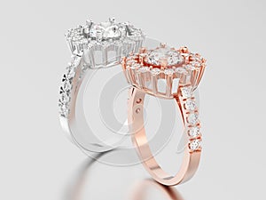 3D illustration two white gold or silver and rose gold solitair
