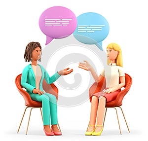 3D illustration of two women meeting and talking with speech bubbles. Multicultural female characters sitting in chairs