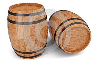 3D Illustration two wooden barrels isolated on white background. Alcoholic drink in wooden barrels, such as wine, cognac