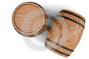 3D Illustration two wooden barrels isolated on white background. Alcoholic drink in wooden barrels, such as wine, cognac