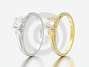 3D illustration two yellow and white gold or silver solitaire we