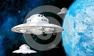 3D Illustration of a UFO Squadron Approaching Earth