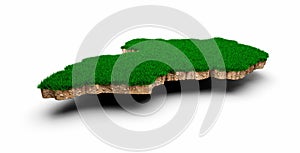 3d illustration of Uganda Map soil land geology cross section with green grass on white surface